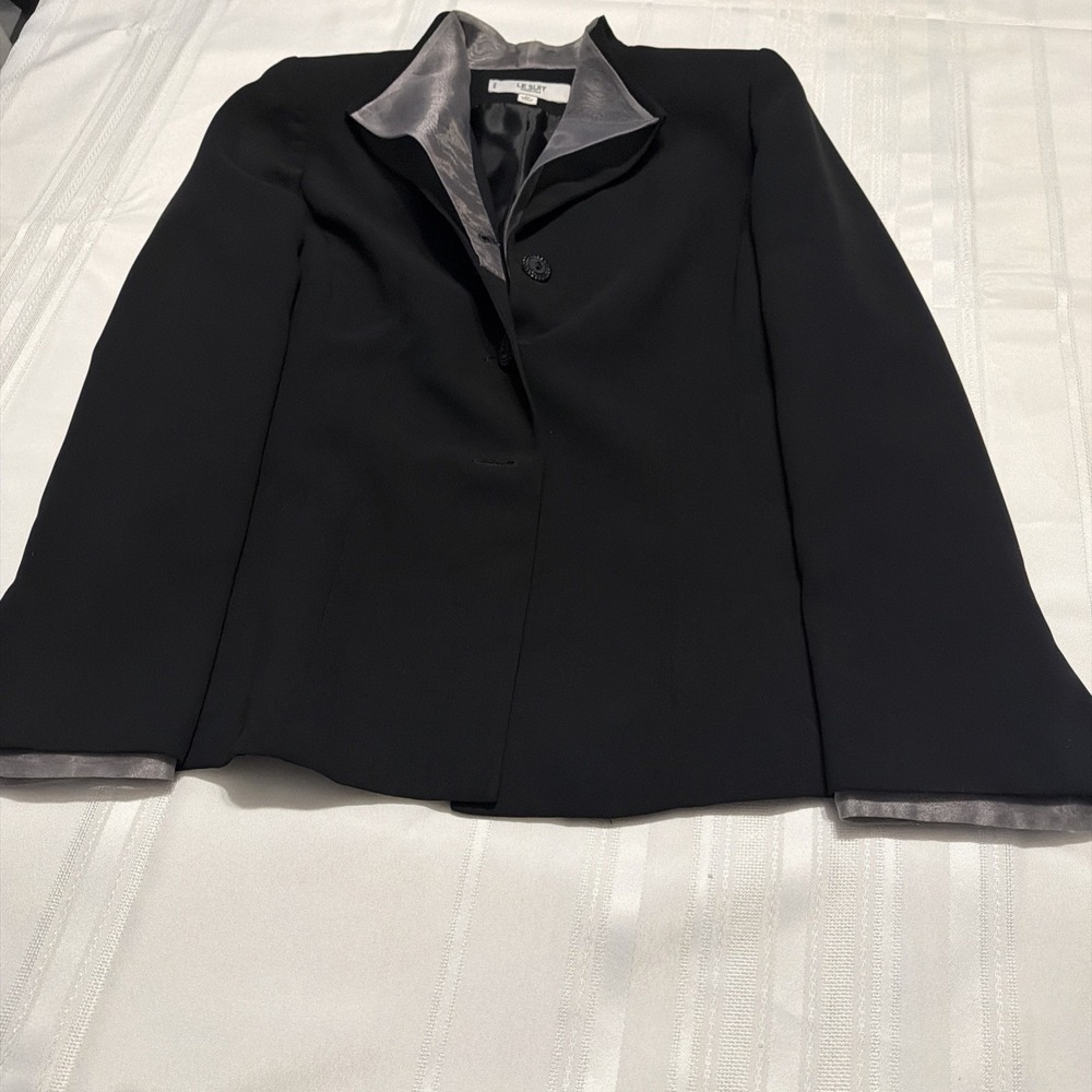 Le Suit Essentials Womens Petite Black Blazer Grey Shimmer Trim Size 8P RN 54050